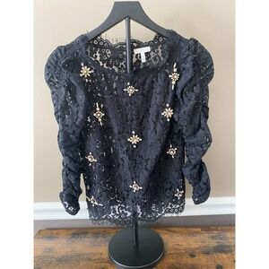 Joie Top Womens X-Small Black Lace Trimmed Ruched Sleeves Embellished Beads